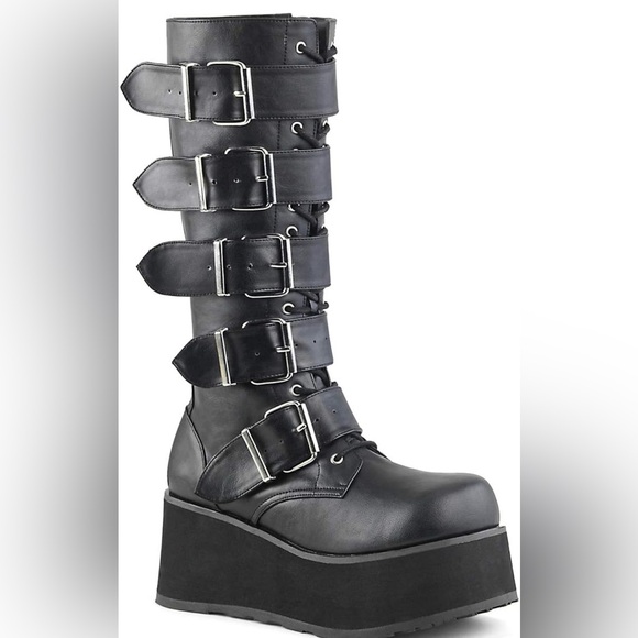 Black tall Demonia Platform Boots with Buckles🖤 - Picture 7 of 9